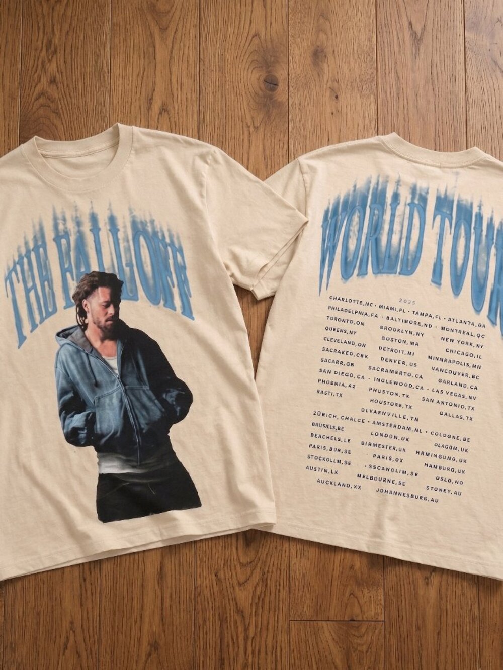 J Cole The Fall-Off World Tour 2026 Blue Portrait Double Sided Concert T-Shirt